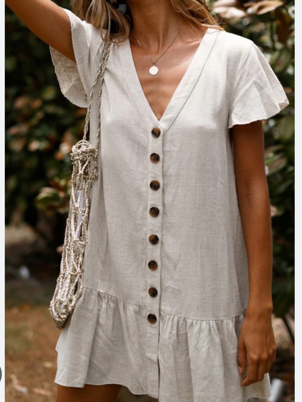 Olivaceous Button Down Ruffle Mini Bohemian Dress
